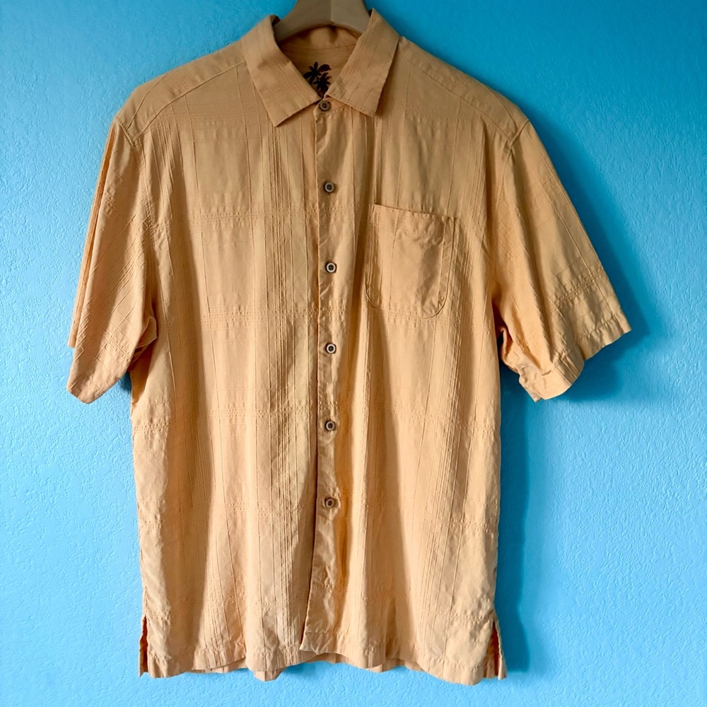 Tommy Bahama Silk Shirt Men’s Button Up Short Sleeve Peach Orange Textured